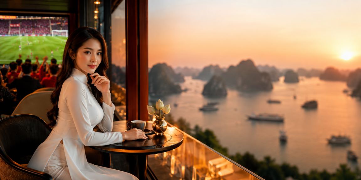 Phụ nữ Việt Nam mặc áo dài bên vịnh Hạ Long tận hưởng giải trí trực tuyến